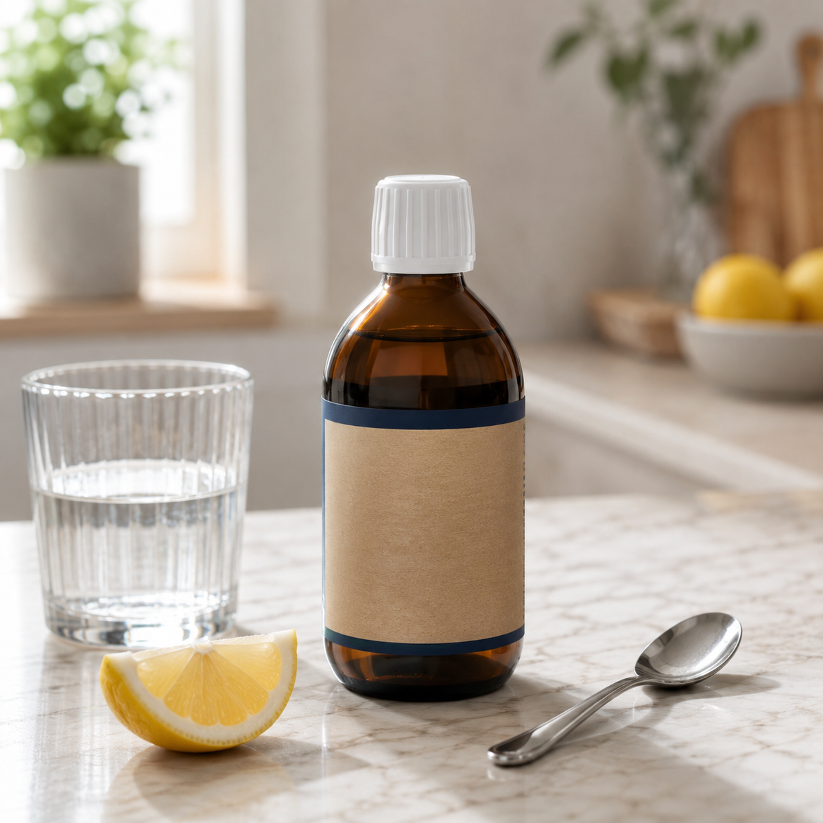 AI-generated rear view of an amber fish-oil bottle with water, spoon and lemon