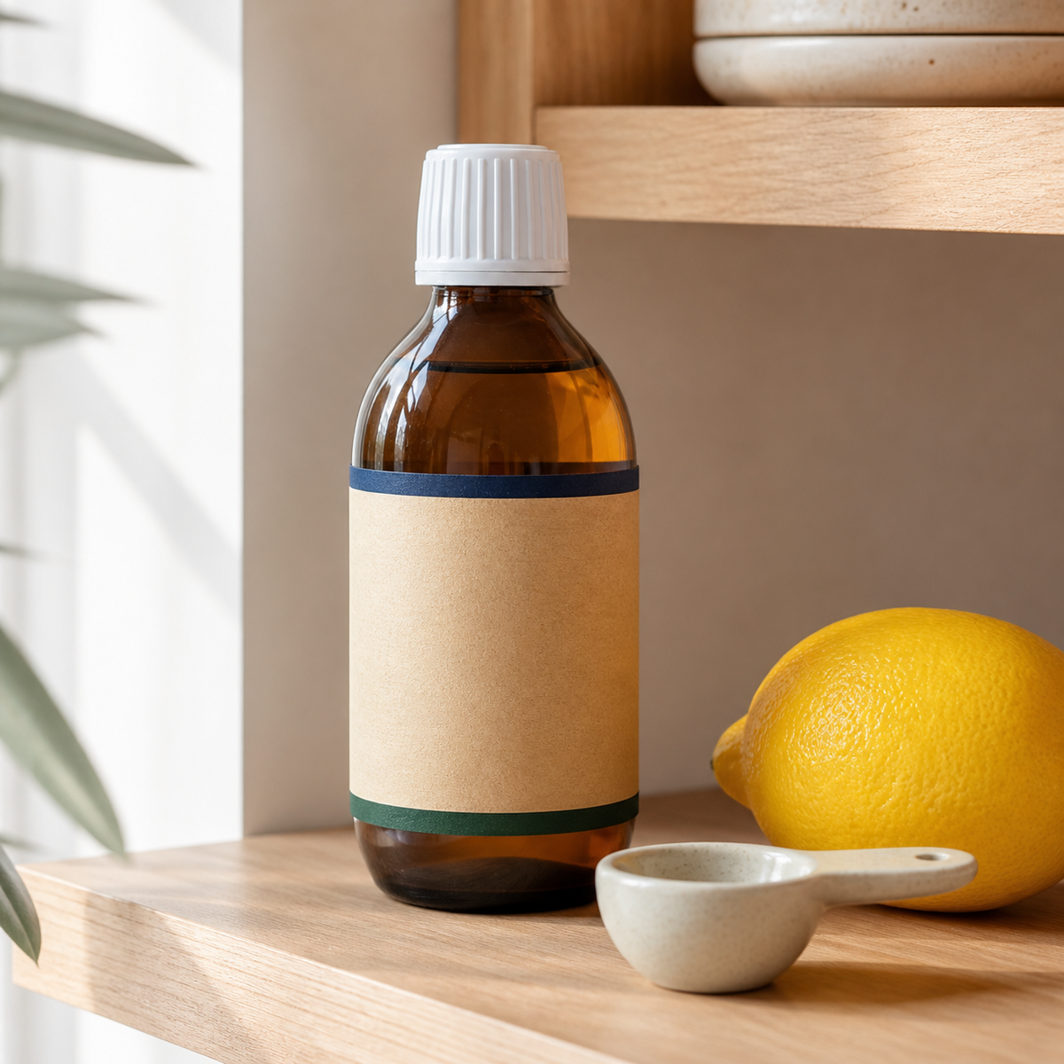 AI-generated rear view of an amber fish-oil bottle on a pantry shelf with lemon and measuring spoon