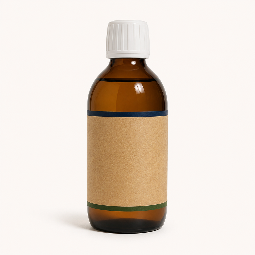 AI-generated studio rear view of an amber fish-oil bottle with a blank label