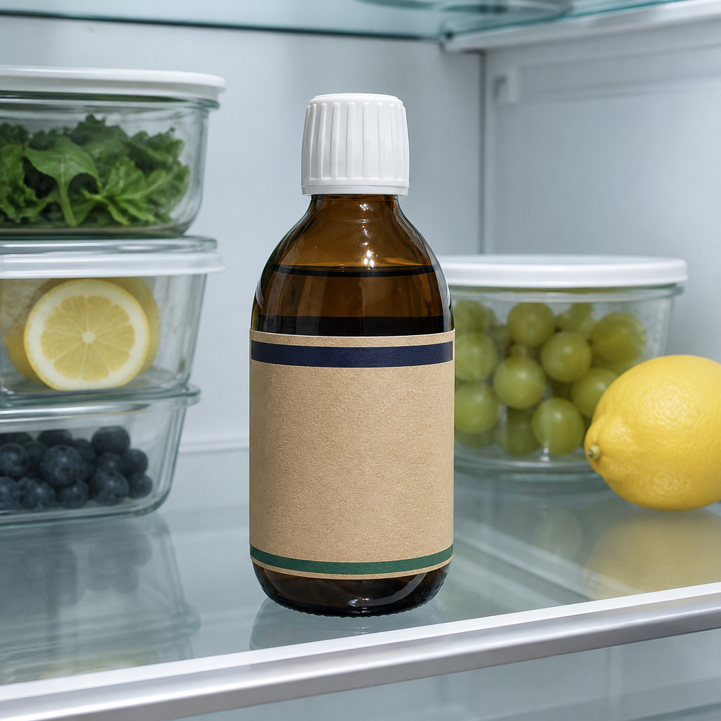 AI-generated rear view of an amber fish-oil bottle stored on a refrigerator shelf