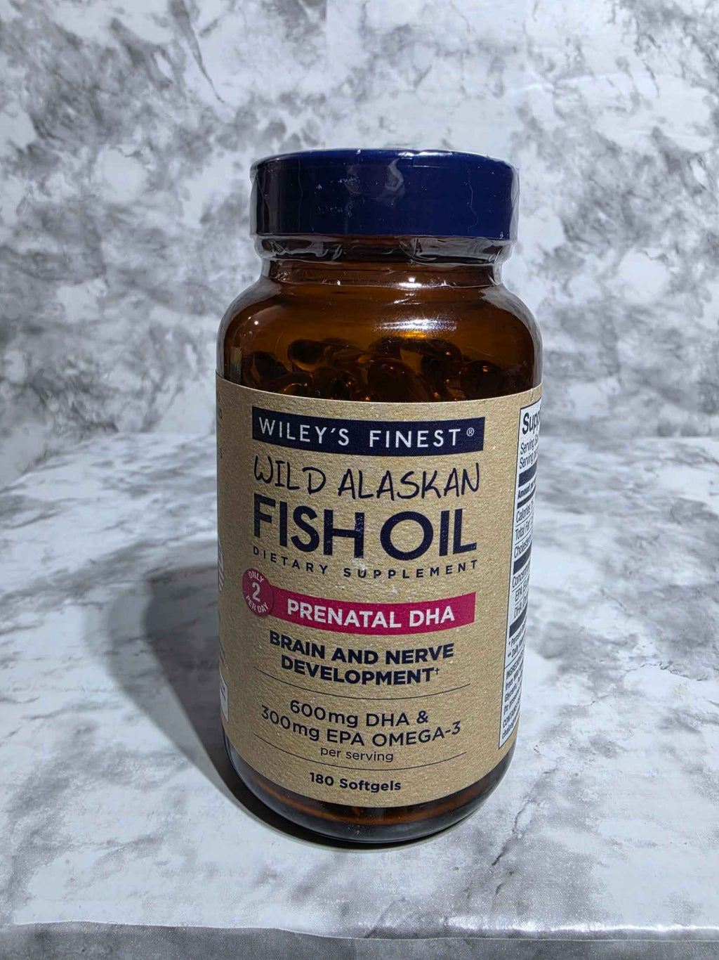 Actual stocked Wiley's Finest Prenatal DHA bottle, 180 softgels