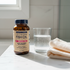 AI-generated Wiley's Finest Prenatal DHA bottle beside water on a bathroom counter