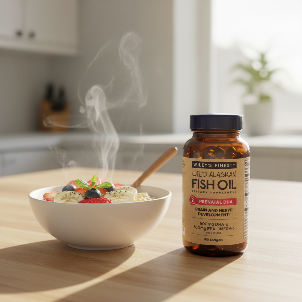 AI-generated Wiley's Finest Prenatal DHA bottle beside breakfast to illustrate taking with food