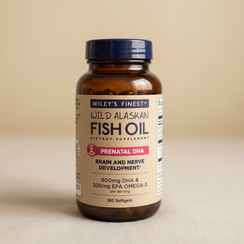AI-generated close-up of Wiley's Finest Prenatal DHA bottle label