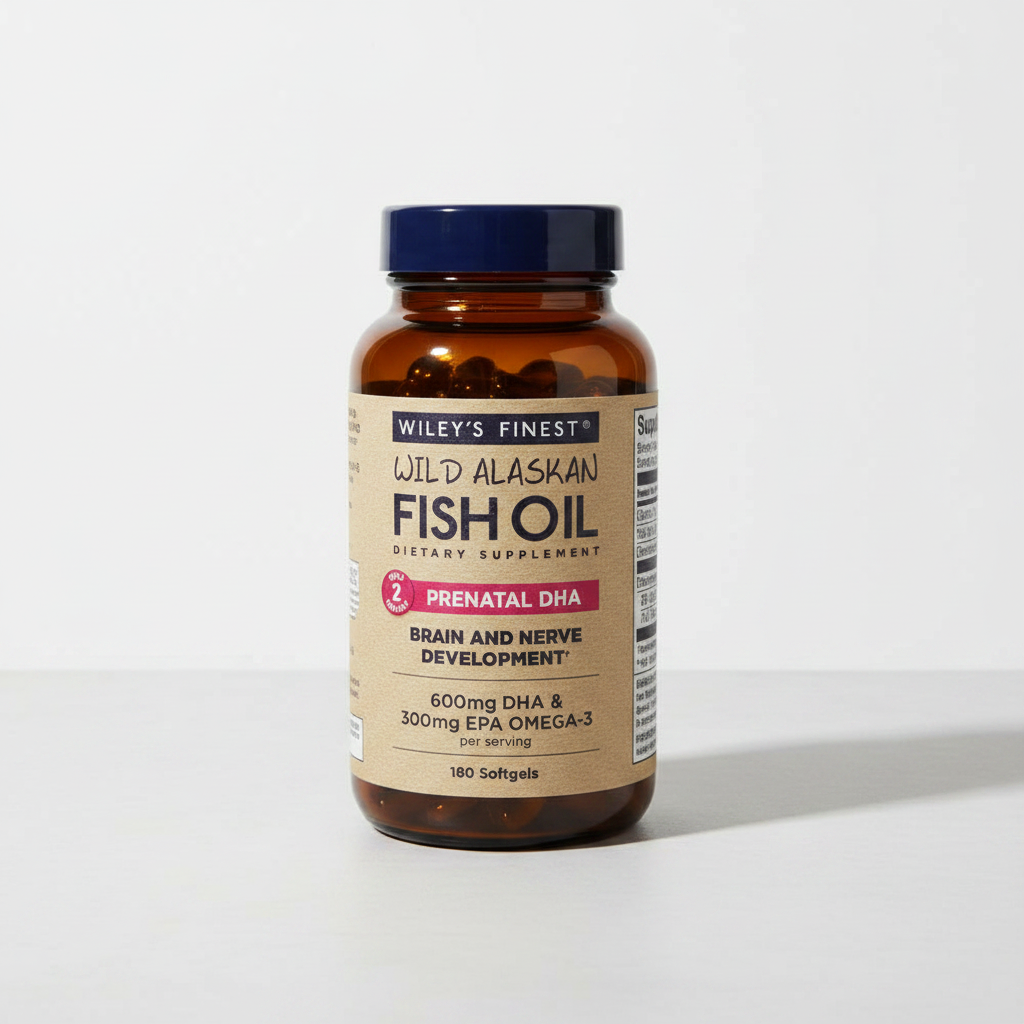 AI-generated studio view of Wiley's Finest Prenatal DHA 180-softgel bottle