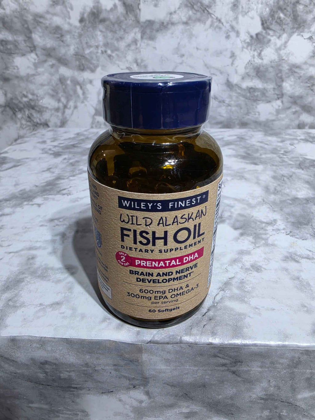 Actual stocked Wiley's Finest Prenatal DHA bottle, 60 softgels