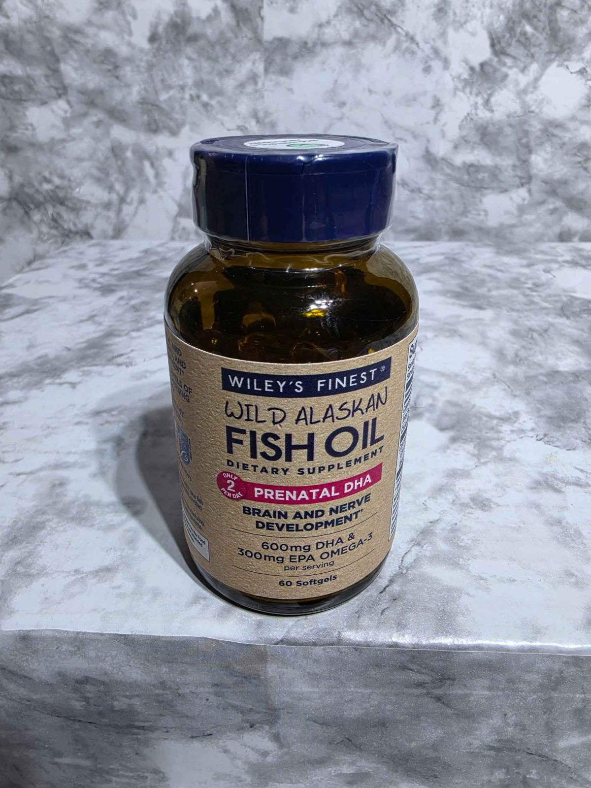 Actual stocked Wiley's Finest Prenatal DHA bottle, 60 softgels