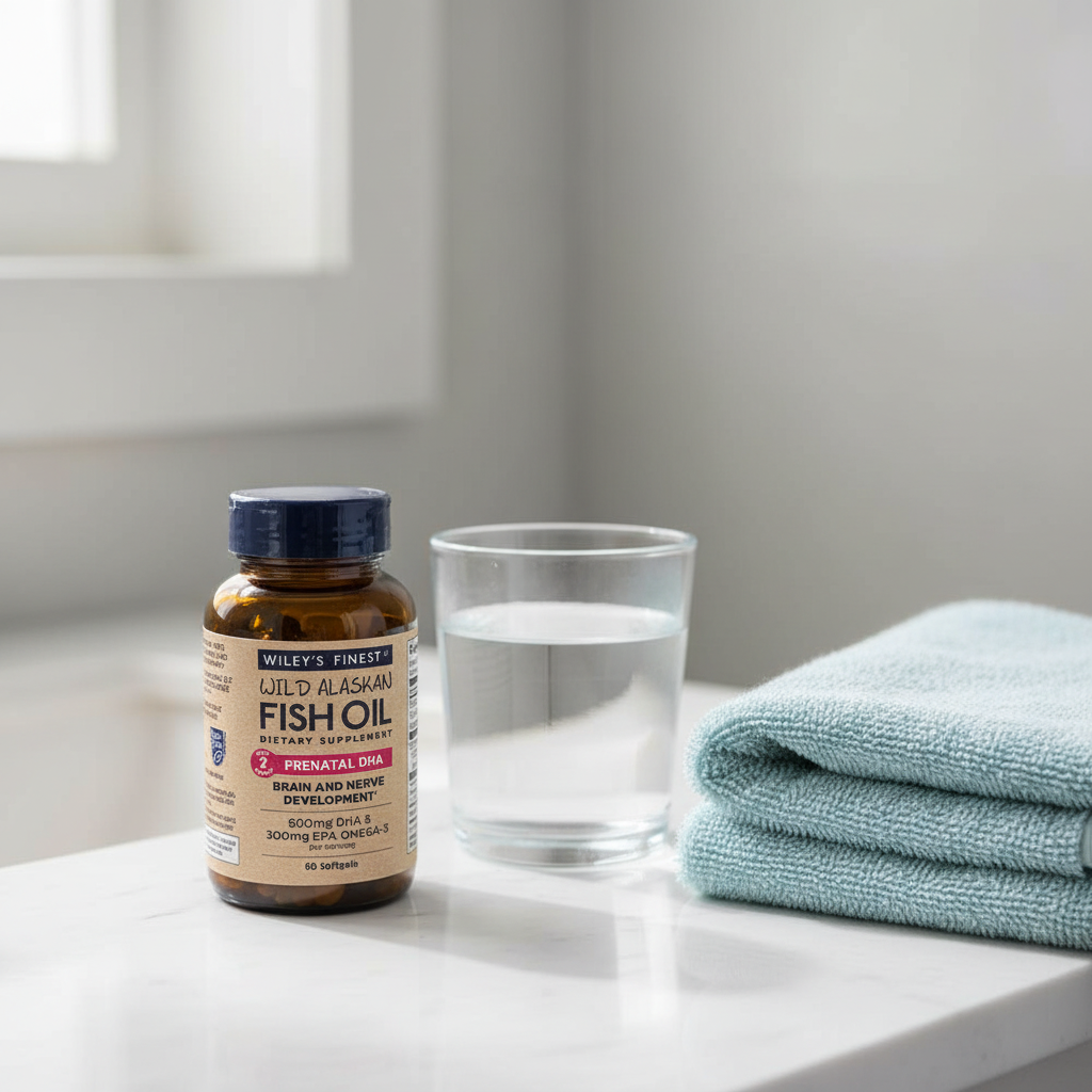 AI-generated Wiley's Finest Prenatal DHA 60-softgel bottle beside water on a bathroom vanity