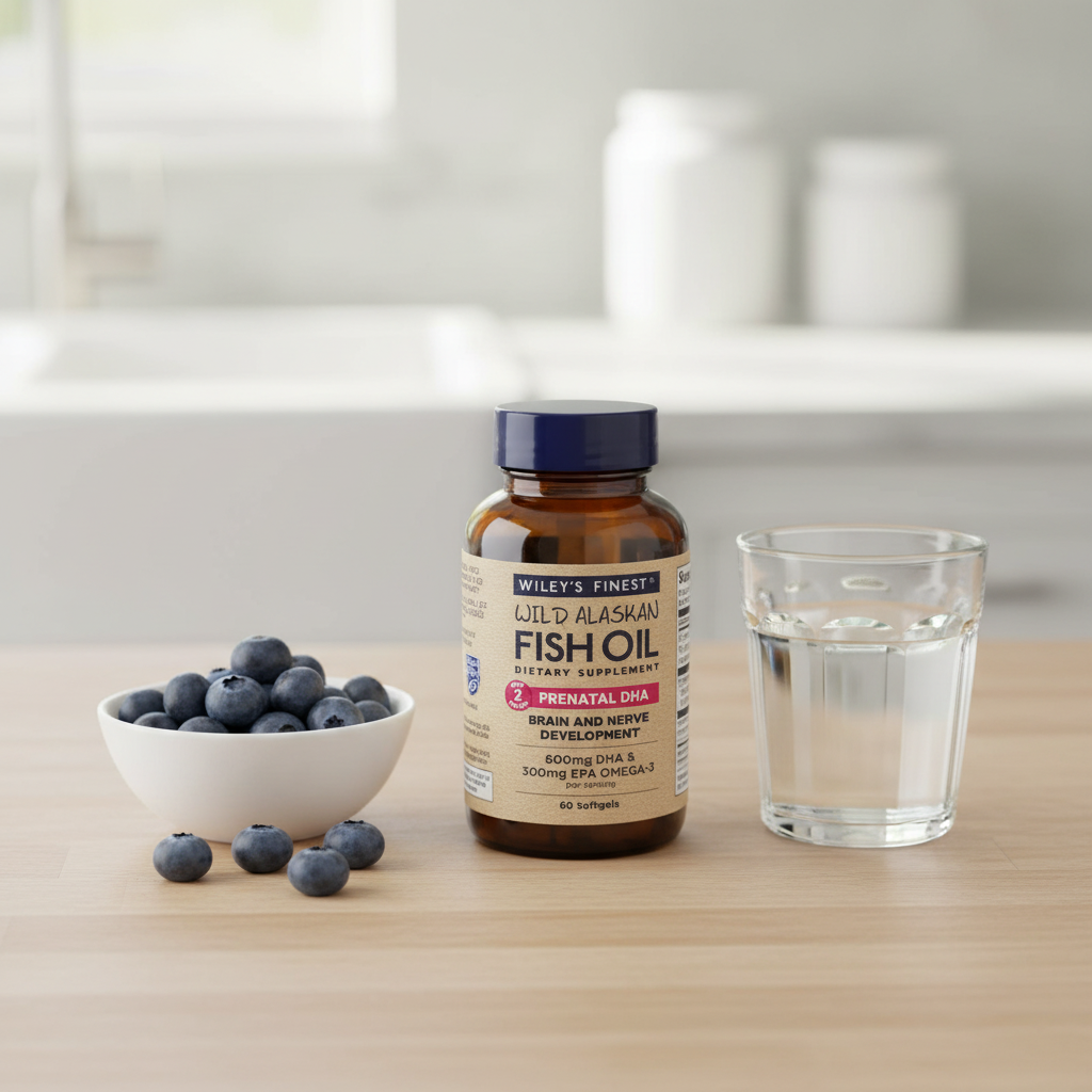 AI-generated Wiley's Finest Prenatal DHA 60-softgel bottle beside blueberries and water