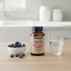 AI-generated Wiley's Finest Prenatal DHA 60-softgel bottle beside blueberries and water