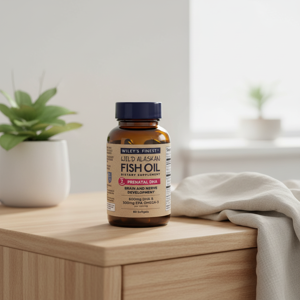 AI-generated Wiley's Finest Prenatal DHA 60-softgel bottle on a nightstand