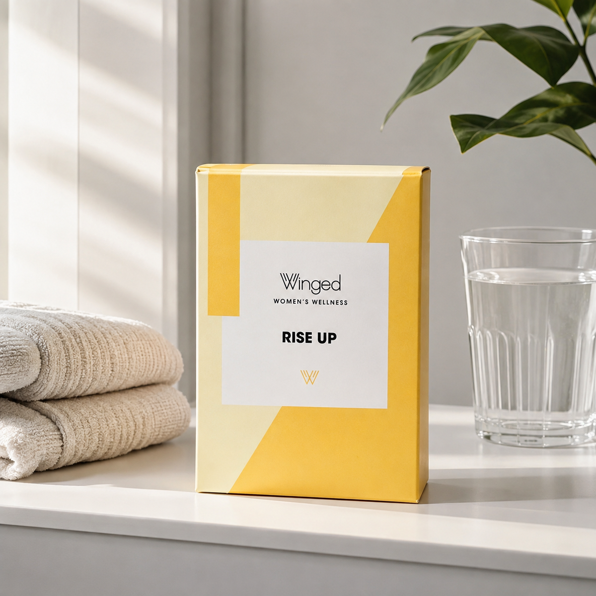 AI-generated context image of Winged Wellness Rise Up pineapple gummies on a neutral wellness shelf with water