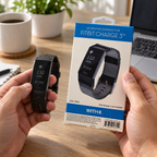 AI-generated illustration of the WITHit woven nylon band package for Fitbit Charge 3; tracker not included.