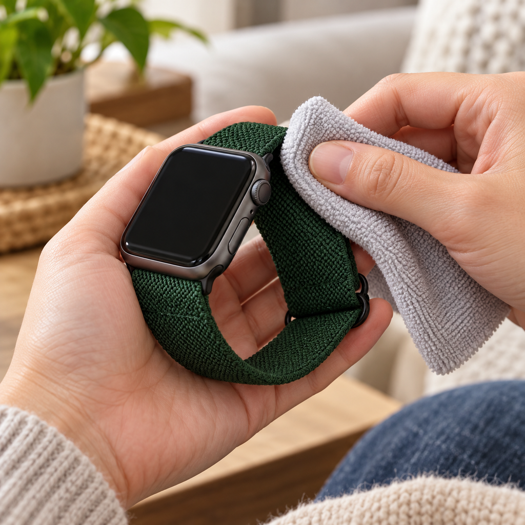 AI-generated illustration of a green WITHit adjustable elastic watch band; watch and cloth not included.