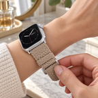 AI-generated illustration of a tan WITHit Perlon band on a wrist; watch not included.