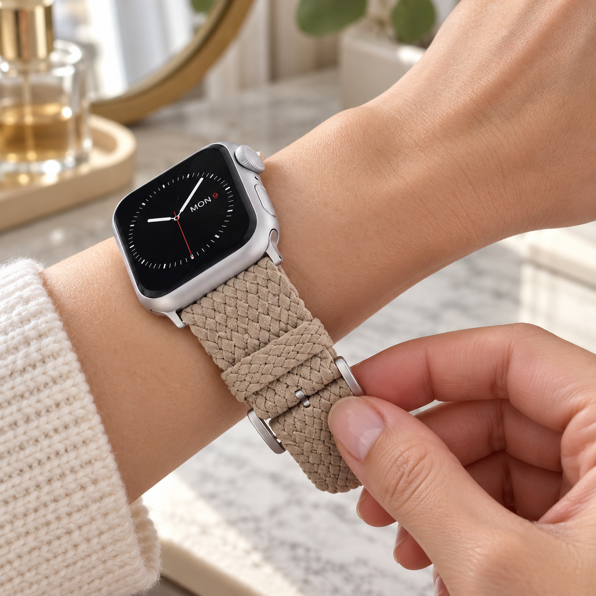 AI-generated illustration of a tan WITHit Perlon band on a wrist; watch not included.