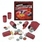 Manufacturer image of Yahtzee Texas Hold'em 42641 with the front box, six red dice cups, colored dice, poker chips and draw bag.