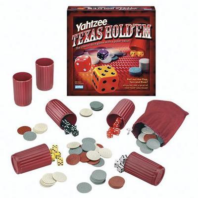 Manufacturer image of Yahtzee Texas Hold'em 42641 with the front box, six red dice cups, colored dice, poker chips and draw bag.
