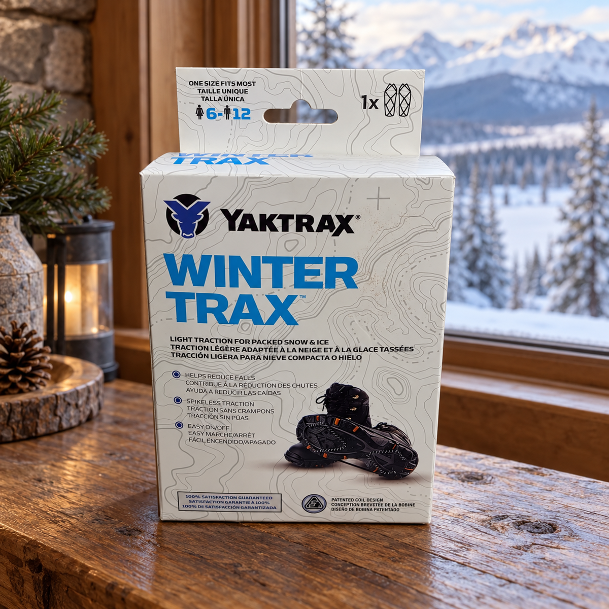 AI-generated lifestyle illustration of one closed Yaktrax WinterTrax package on a cabin console. Background props not included.