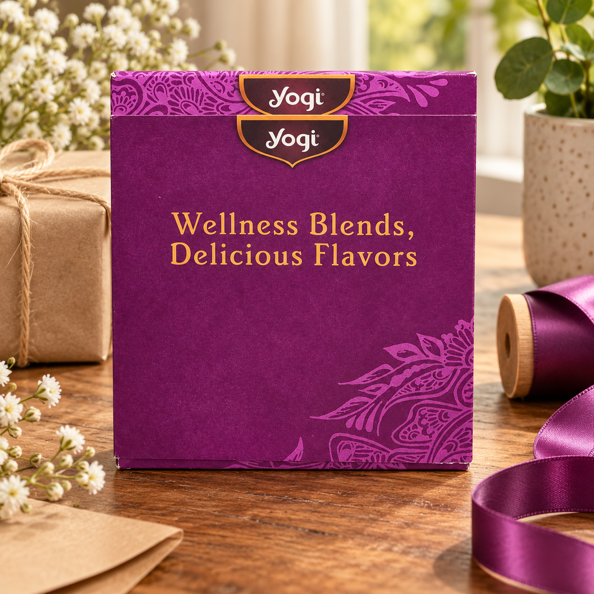 AI-generated lifestyle scene of the closed purple Yogi tea sampler box on a gift table. Props not included.