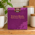 AI-generated lifestyle scene of the closed purple Yogi tea sampler box on a kitchen tea shelf. Props not included.