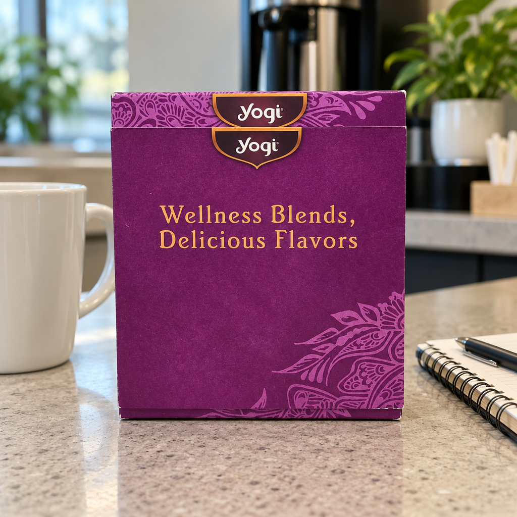 AI-generated lifestyle scene of the closed purple Yogi tea sampler box on a office tea counter. Props not included.