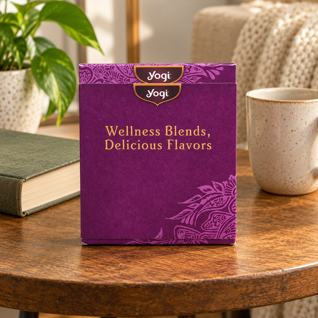 AI-generated lifestyle scene of the closed purple Yogi tea sampler box on a reading table. Props not included.