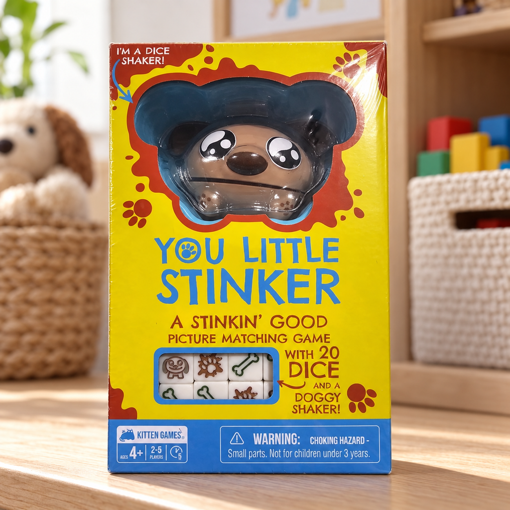 AI-generated lifestyle illustration of the closed You Little Stinker dog dice game box on a playroom shelf