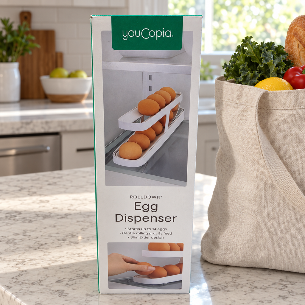 AI-generated lifestyle illustration of one closed youCopia RollDown Egg Dispenser box in a grocery tote setting. Background props not included.