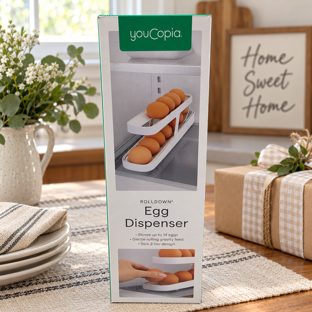 AI-generated lifestyle illustration of one closed youCopia RollDown Egg Dispenser box in a housewarming table setting. Background props not included.