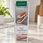 AI-generated lifestyle illustration of one closed youCopia RollDown Egg Dispenser box in a kitchen counter setting. Background props not included.