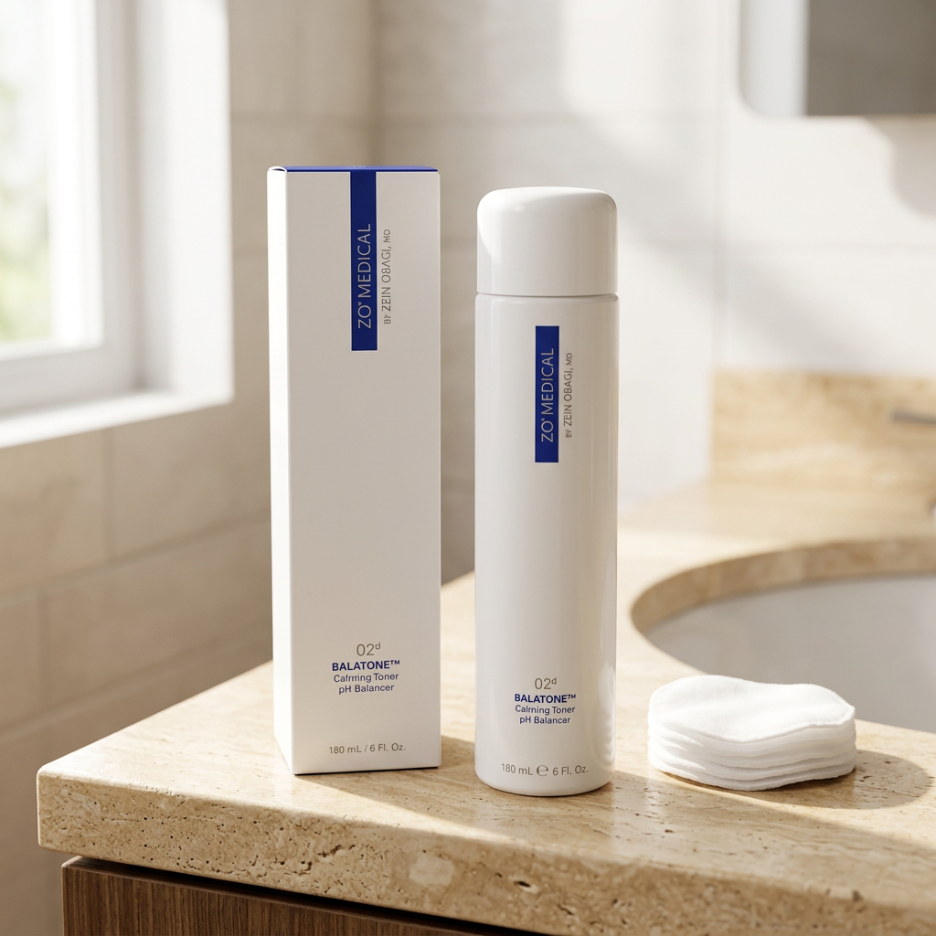 ZO Medical Balatone 02d toner bottle and box beside cotton pads on a bright bathroom vanity