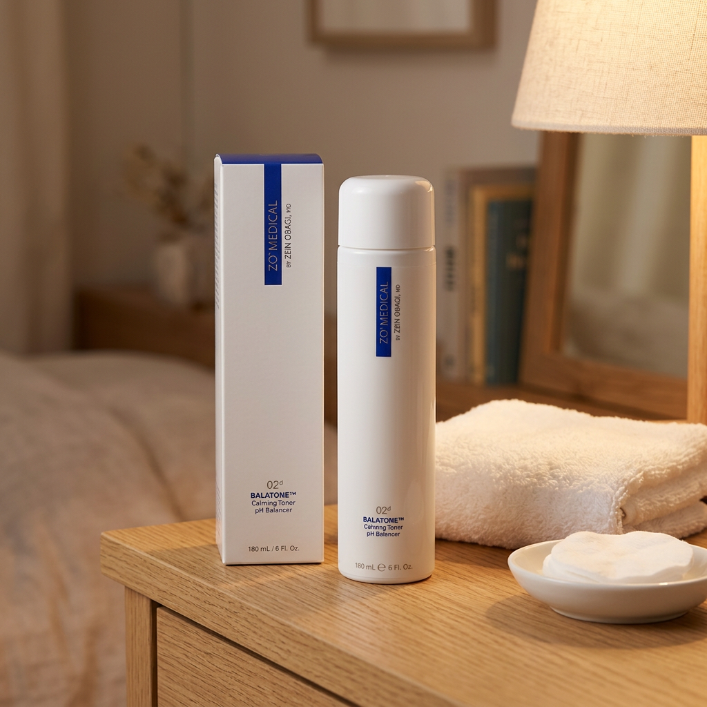 ZO Medical Balatone 02d toner bottle and box on an oak dressing table with a towel