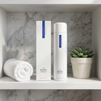 ZO Medical Balatone 02d toner bottle and box on a bathroom shelf beside a towel and plant