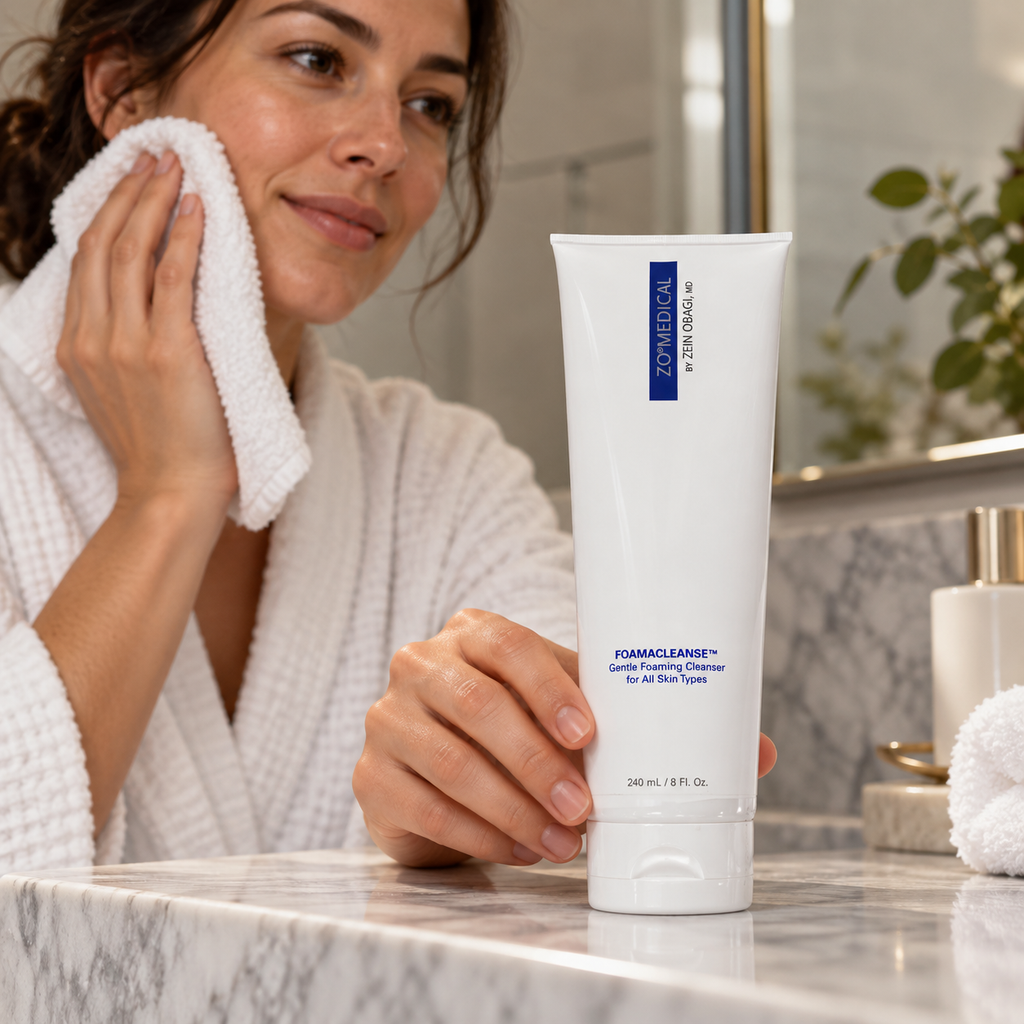 ZO Medical Foamacleanse 240 mL during an adult's after-cleansing routine