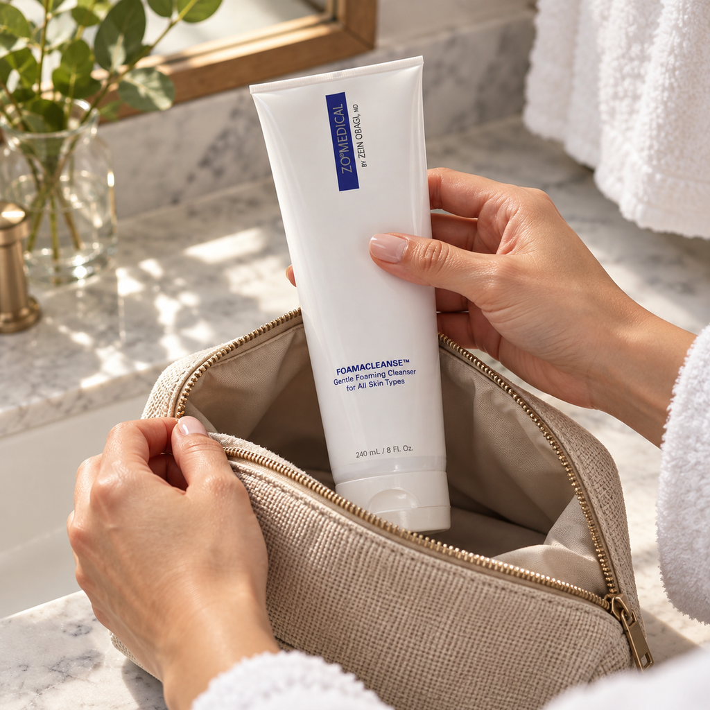 Adult packing ZO Medical Foamacleanse 240 mL into a wash bag