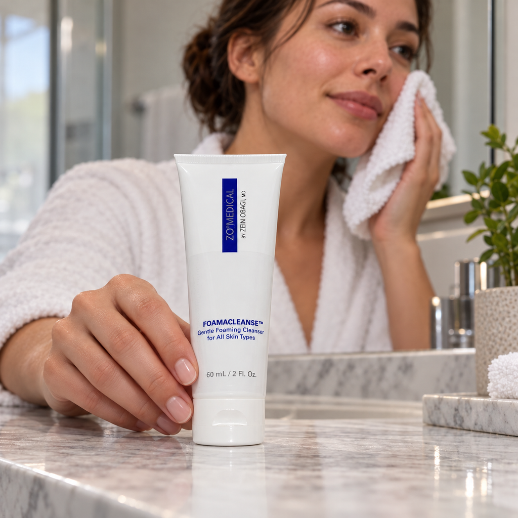AI-staged scene: ZO Medical Foamacleanse 60 mL during an adult's after-cleansing routine; props not included.