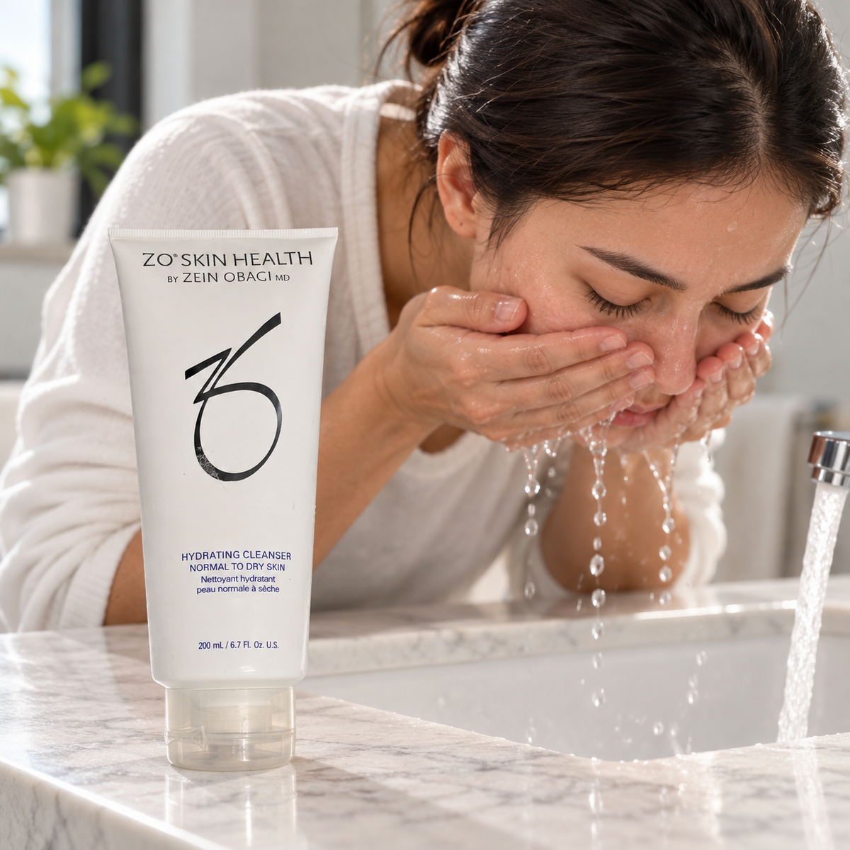 AI-generated illustration of an adult rinsing their face at a sink beside the older ZO Skin Health Hydrating Cleanser 200 mL / 6.7 fl oz tube.
