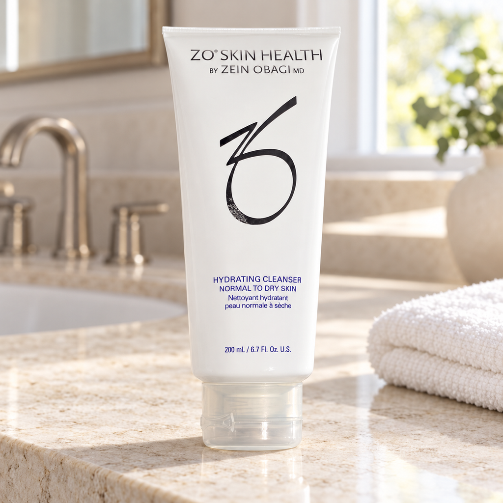 AI-generated lifestyle scene of ZO Skin Health Hydrating Cleanser 200 mL / 6.7 fl oz on a limestone vanity beside a washcloth.