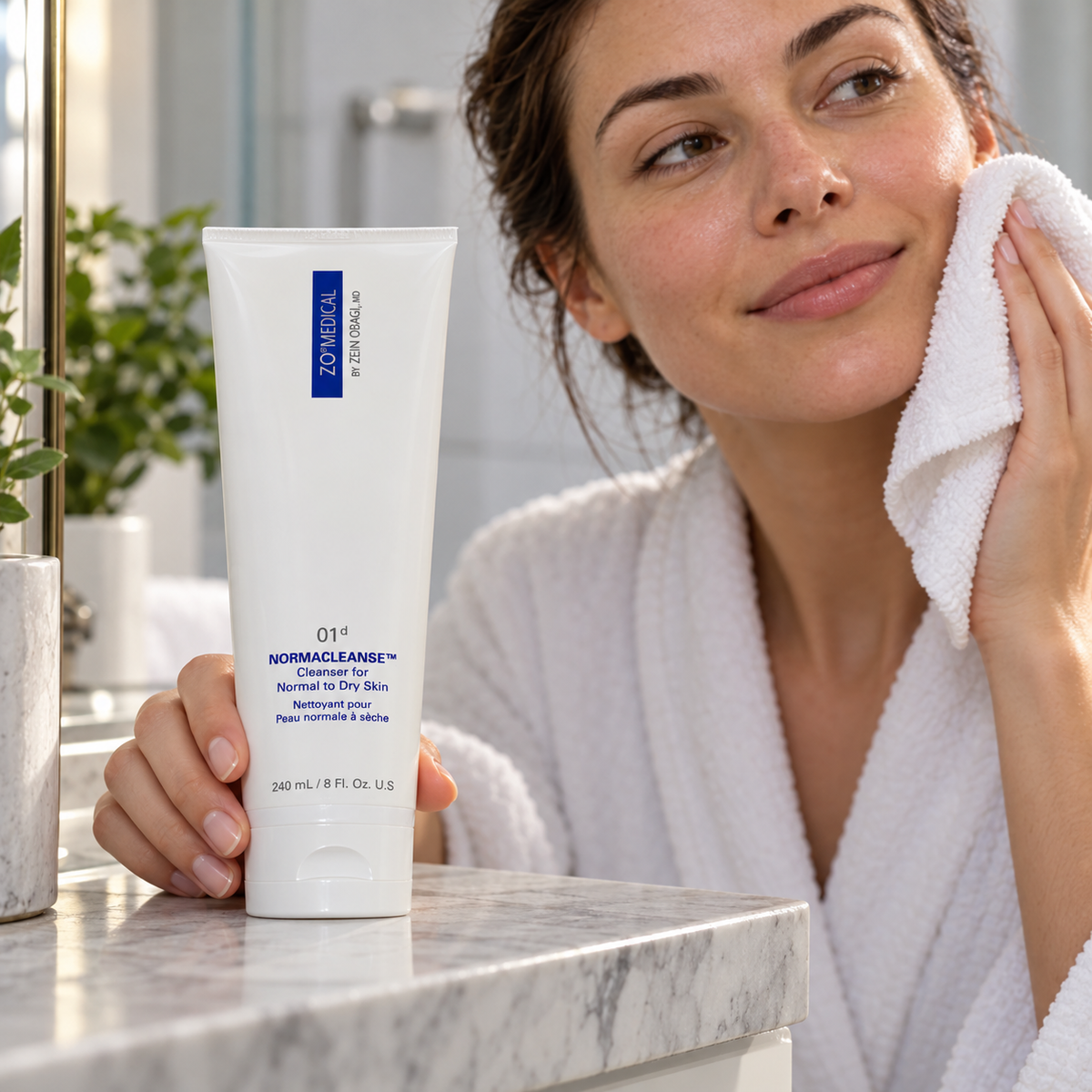 AI-staged scene: ZO Medical Normacleanse 240 mL during an adult's after-cleansing routine; props not included.