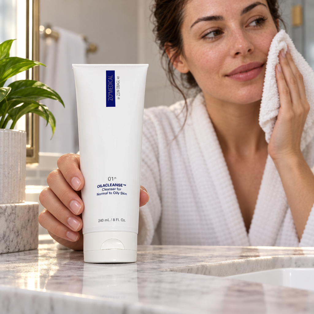 ZO Medical Oilacleanse 240 mL during an adult's after-cleansing routine