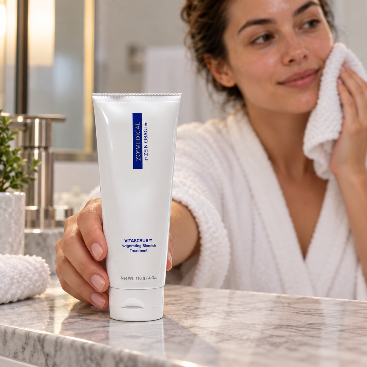 ZO Medical Vitascrub 116 g during an adult's after-cleansing routine