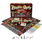 Zombie-Opoly box, game board, cards, play money, dice and six metal tokens