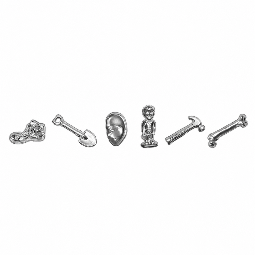 Six silver-colored Zombie-Opoly tokens: human remnant, shovel, ear, zombie figure, weapon and bone
