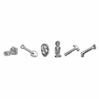 Six silver-colored Zombie-Opoly tokens: human remnant, shovel, ear, zombie figure, weapon and bone