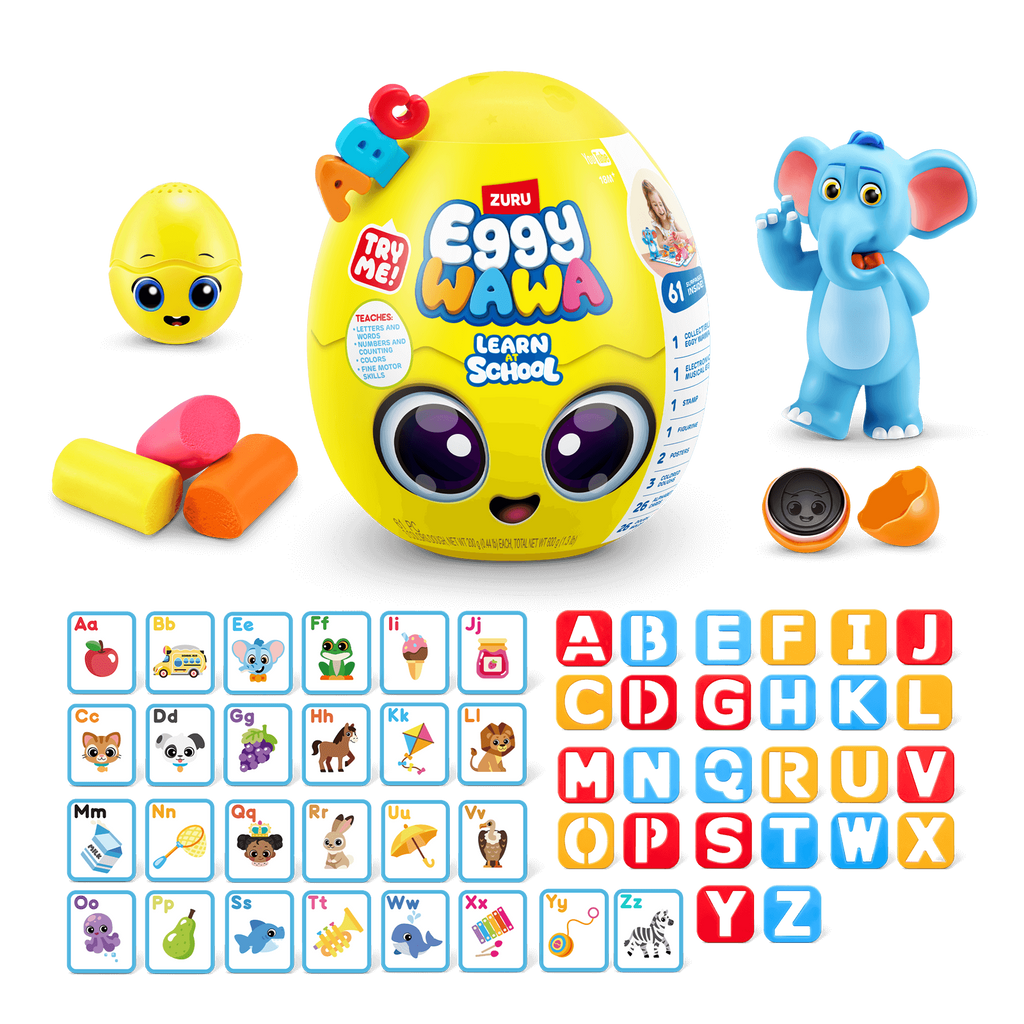 ZURU manufacturer image of Eggy Wawa Learn at School yellow egg and its musical egg, Sheldon figure, dough, alphabet cards and cutters