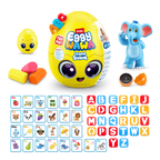 ZURU manufacturer image of Eggy Wawa Learn at School yellow egg and its musical egg, Sheldon figure, dough, alphabet cards and cutters