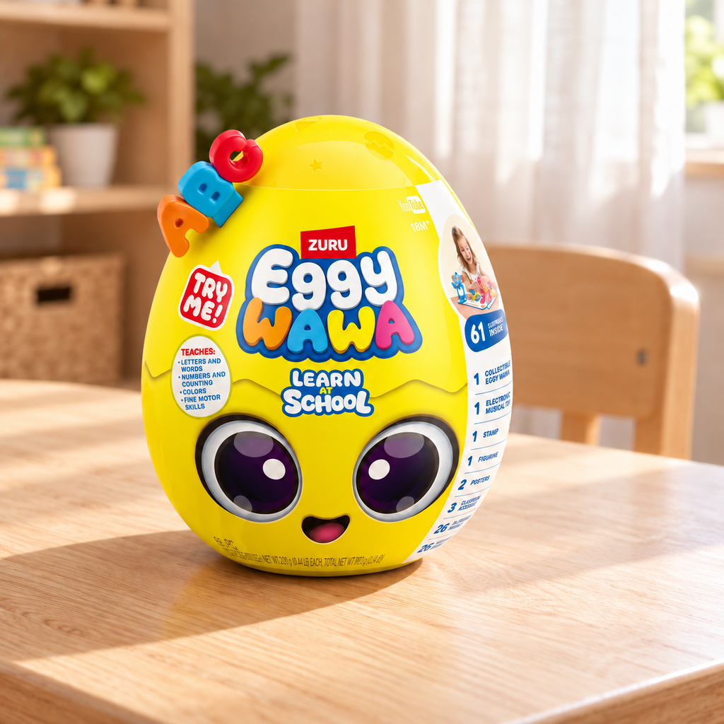 Illustrative lifestyle scene of yellow ZURU Eggy Wawa Learn at School egg on an activity table