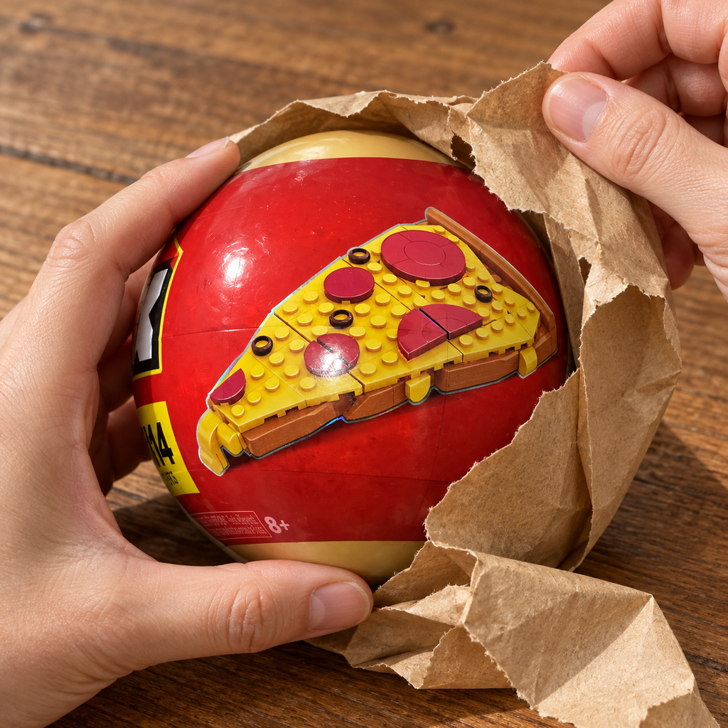 Illustrative adult hands removing gift paper from one closed Pizza-design ZURU MAX capsule.